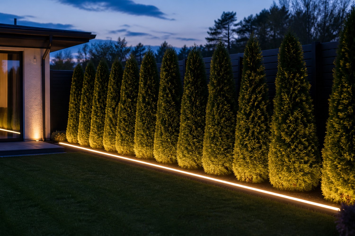 COB LED ribaga valgustatud elupuud eramaja aias